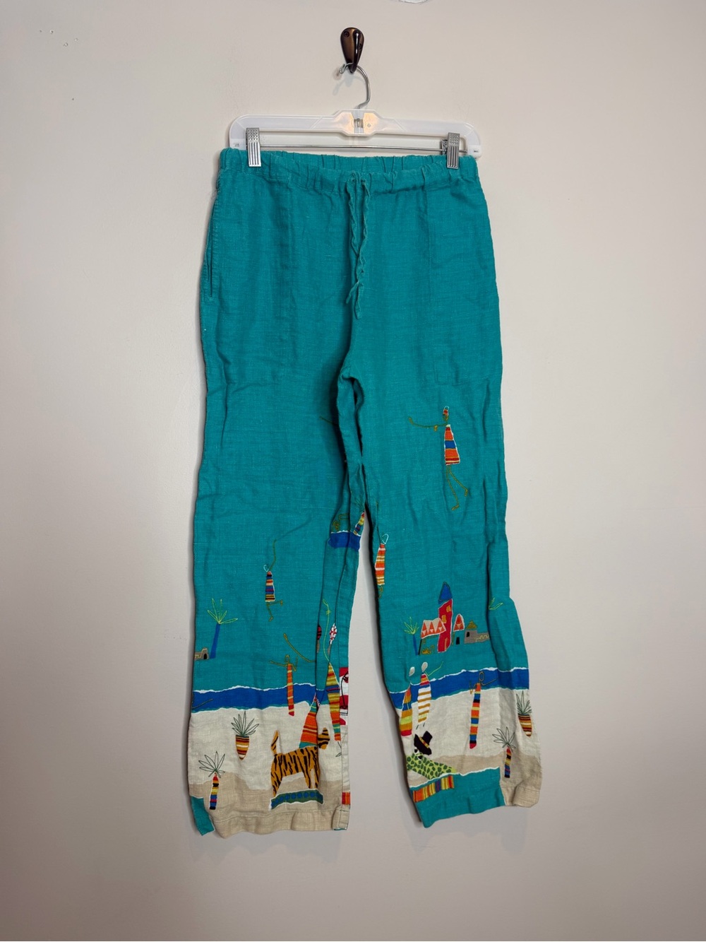 Market By Chicos Design Teal Linen Pants Women’s Medium Size 1 Beach Folk Art
